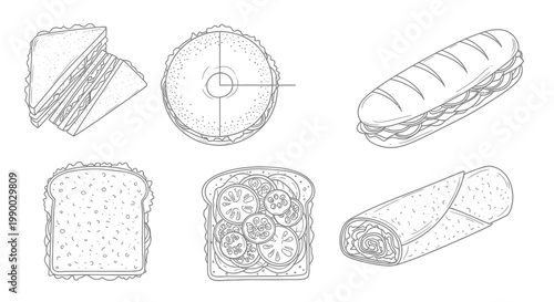 Variety of bread and sandwiches.