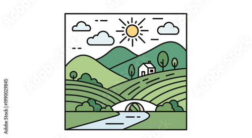 House on green hills with bridge.