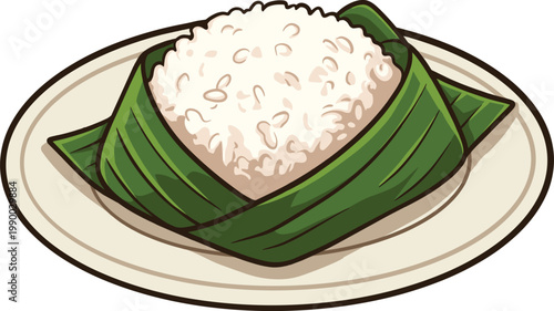 Traditional Indonesian rice wrapped in banana leaf illustration on plate.eps
