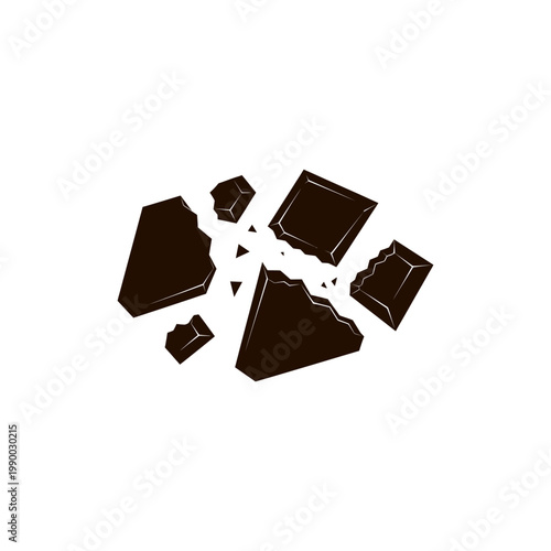 A broken chocolate bar with pieces scattered on a white background