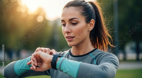 Young Woman Checking Smartwatch During Outdoor Workout in Park.
