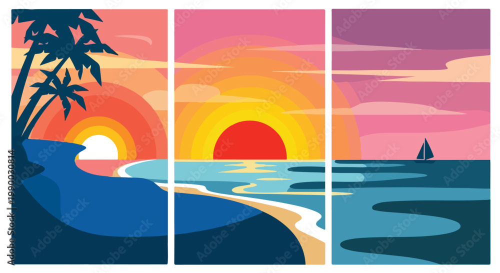 Obraz premium Tropical beach sunset triptych flat vector illustration
