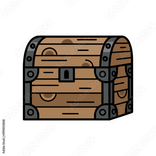 A rustic wooden treasure chest with reinforced metal bands and an antique lock is presented at a slight angle.