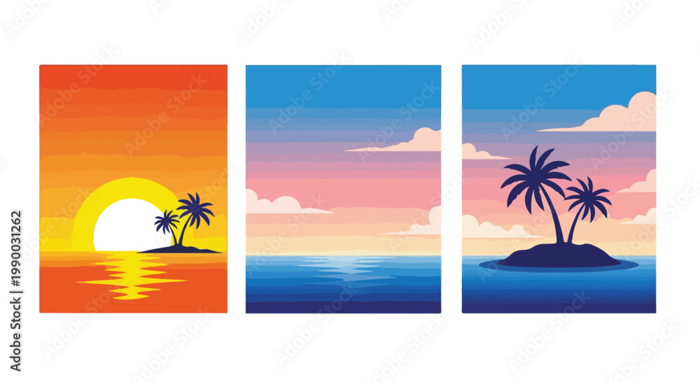 Obraz premium Tropical sunset triptych with palm trees and ocean waves