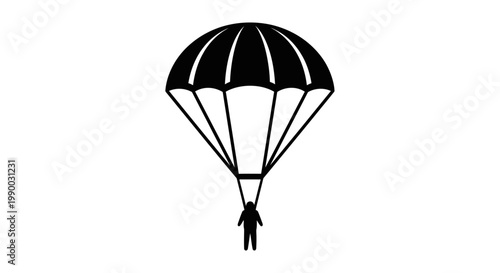 Black silhouette icon of a skydiver with an open parachute on a white background.