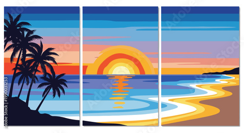 Tropical Beach Sunset Triptych Illustration with Palm Trees