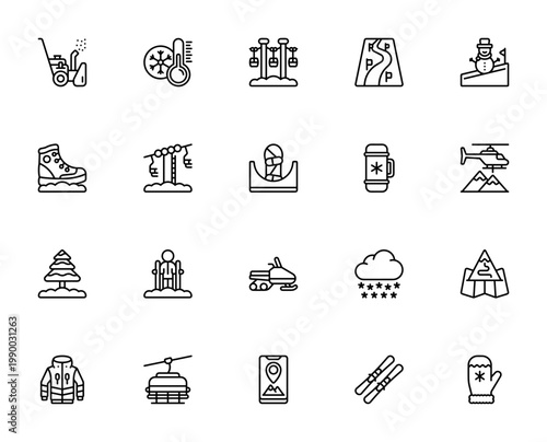 Ski Resort icon set. Vector illustration includes symbols for ski lift, snowman, jacket, skis, helicopter, map, thermometer and more. Editable stroke.