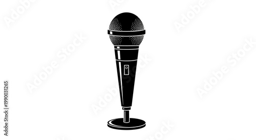 Black and white vector illustration of a classic microphone on a stand.
