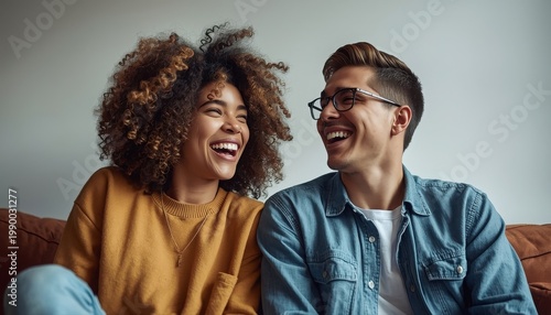 A young couple sitting on a couch laughing and smiling at each other in a cozy living room setting.