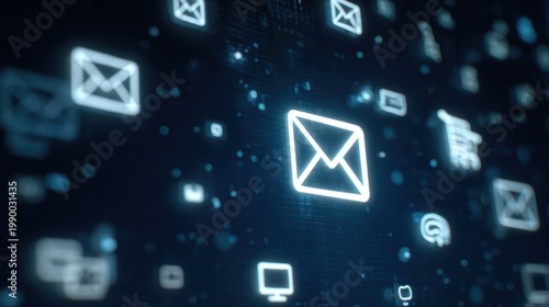 Digital data visualization of email symbols with dynamic flow in a technological network
