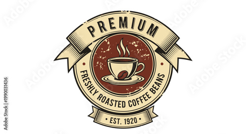 Vintage style emblem for premium freshly roasted coffee beans with steam and ribbon.