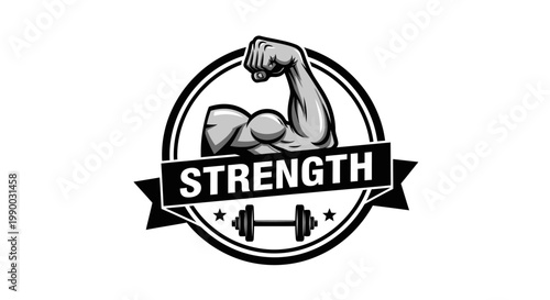 Strength fitness emblem with flexing bicep and dumbbell illustration