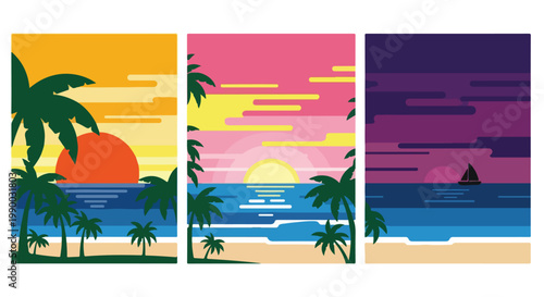 Minimalist tropical beach sunset triptych flat design illustration