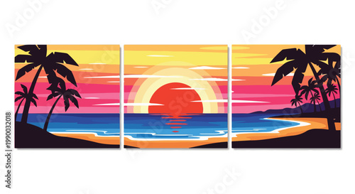 Tropical beach sunset triptych with palm tree silhouettes