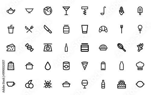 Food and Cooking icon set. Kitchen and restaurant vector icons. Includes teapot, bowl, lettuce, corn, pizza, chef hat, wine, cake and more. Editable stroke.