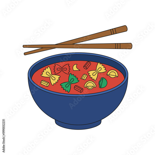 A vibrant illustration of a hearty pasta soup with colorful shapes in a blue bowl, served with wooden chopsticks.