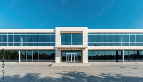 A modern office building with large windows and a sleek design under a clear blue sky
