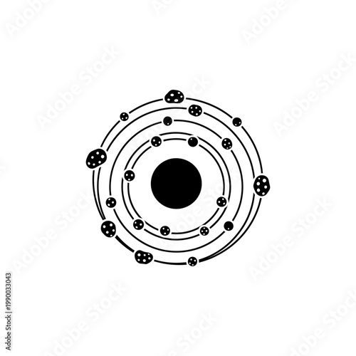 An illustration of an atom with electrons orbiting around the nucleus in a scientific diagram