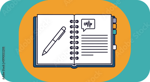 Notebook with pencil and speech bubble.