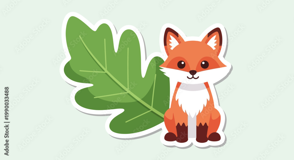 Obraz premium Cute Cartoon Fox Sitting Next to a Green Oak Leaf