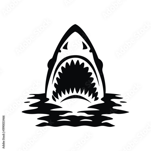 Black and white illustration of a shark emerging with ferocious jagged teeth vector hand drawn image