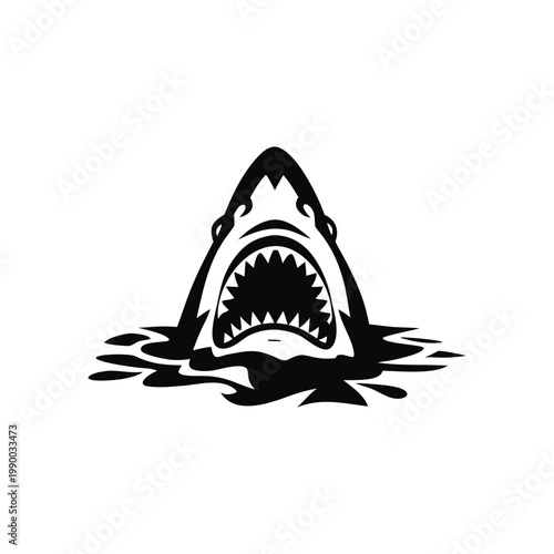 Black and white illustration of a shark emerging with ferocious jagged teeth vector hand drawn image