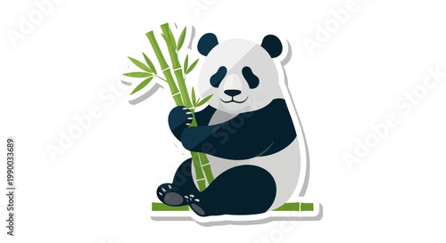 Cute Panda Bear Holding Bamboo Stalks Isolated on White Background