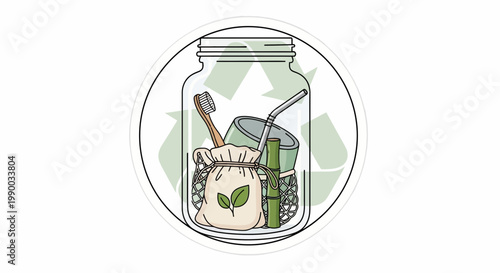 Eco-friendly reusable items in a jar with recycling symbol