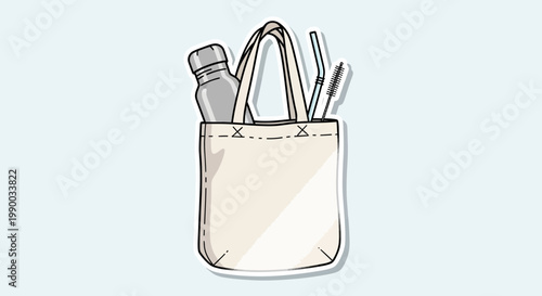 Eco-friendly reusable tote bag with water bottle and straw, zero waste concept