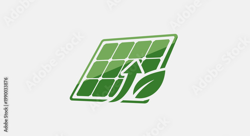 Green energy growth icon with solar panel, leaf and upward arrow.