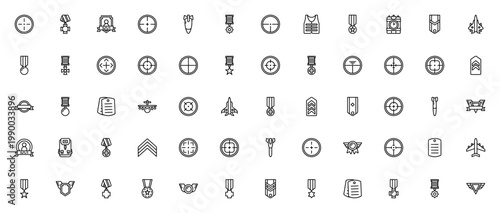 Army Badges icon set. Military vector icons pack. Includes target, medal, bomb, bulletproof vest, chevron, aeroplane, dog tag and more. Editable stroke.
