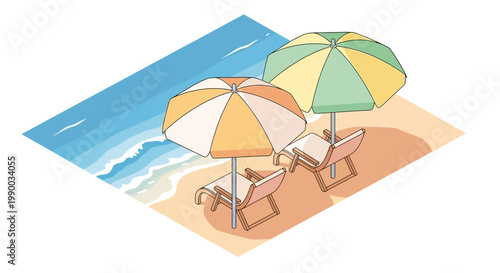Isometric illustration of two beach chairs under colorful umbrellas on a sandy shore next to gentle waves, conveying a relaxing vacation mood against a clean white backdrop with bright