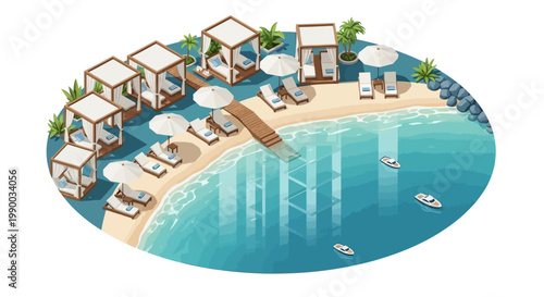 Aerial view of a tropical beach resort featuring cabanas and lounge chairs on the sandy shore, with a wooden walkway leading into the turquoise water, creating a serene and inviting summer