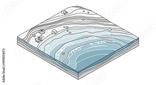 Isometric illustration depicting a geological cross-section with layered strata and rock formations, rendered with a clean, minimalist style, featuring a cool color palette of blues