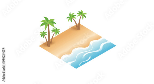 Isometric illustration of a serene sandy beach with gentle ocean waves and lush palm trees against a clean white background, rendered in soft pastel colors to evoke a calm, summery feel