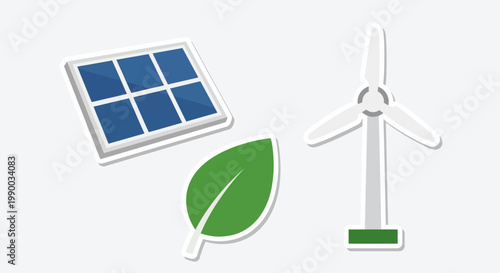 Renewable energy icons: solar panel, wind turbine, and green leaf on white background