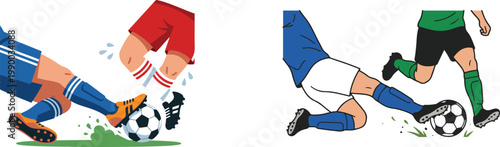 Illustration of soccer players sliding and tackling for the ball, capturing intense action, competition, and defensive play on the field.