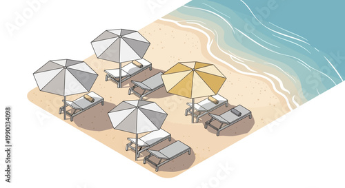 Aerial illustration features several beach umbrellas shading lounge chairs on a sandy shore next to ocean waves, rendered with a flat design and pastel colors for a tranquil and summery vibe