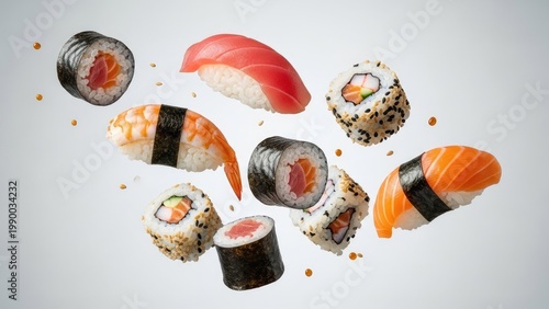 A variety of sushi and sashimi pieces floating in the air