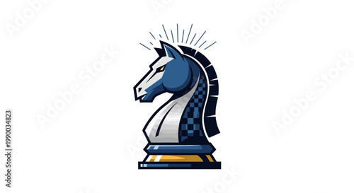 Blue and white chess knight piece.