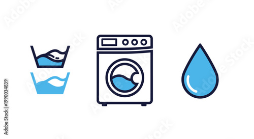 Laundry and water-related icons washing machine, water levels, and a water droplet for cleaning and household tasks