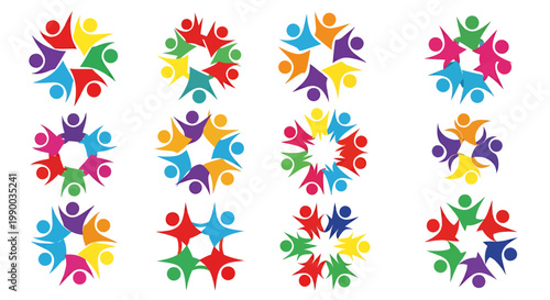 Colorful abstract figures forming a circular group of people in celebration and unity.