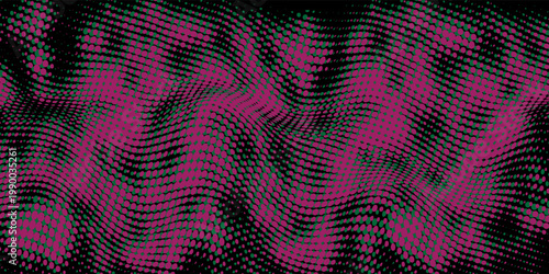 Abstract Magenta and Green Halftone Wavy Pattern on Black Background