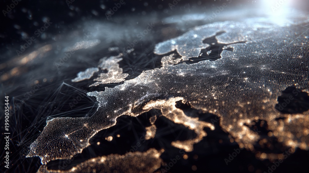 Cinematic digital map of the world with glowing lighting and detailed landmass features