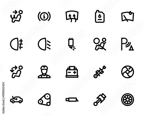 Car parts icon set. Vector automotive symbols collection. Includes air conditioner, engine, battery, oil, windshield, fog light, exhaust, airbag, piston, alloy wheel and more. Editable stroke.
