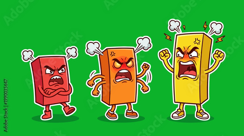 Cartoon Angry Blocks with Steam and Furious Expressions on Green Background.
