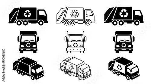 Waste Management Icon Set Garbage Truck Collection