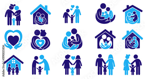 Collection of blue human figures depicting family, home, and community care scenarios in icons.