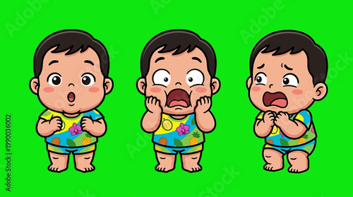 Cartoon Babies Expressing Shock, Surprise, and Fear on Green Background.