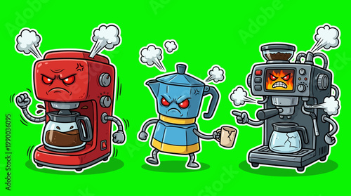 Angry Coffee Machines Cartoon Characters with Steam and Expressions.